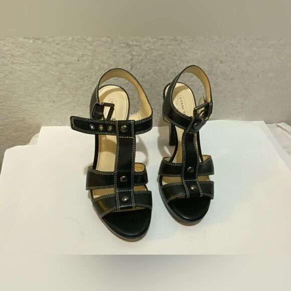 COACH Ginger Black Strappy T-Strap Leather Peep Toe Heeled Sandals 7 B - Picture 1 of 7